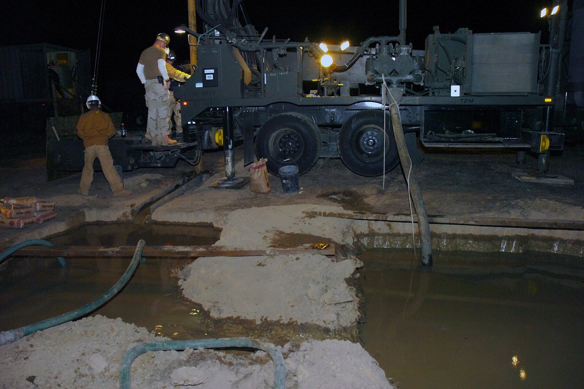 Crew operating a water well drilling rig