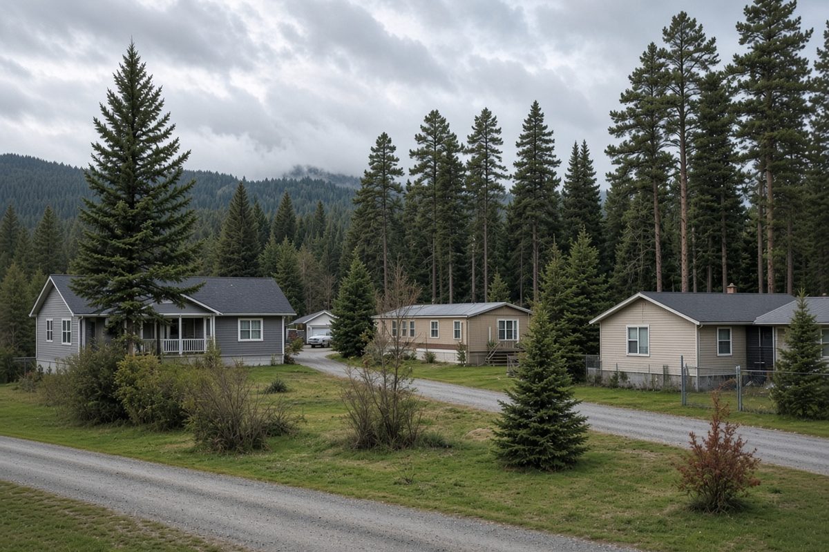 Pine-lined residential lots on the unincorporated fringe near Evergreen, Montana